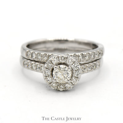 1cttw Round Diamond Bridal Set with Diamond Halo and Matching Band in 14k White Gold