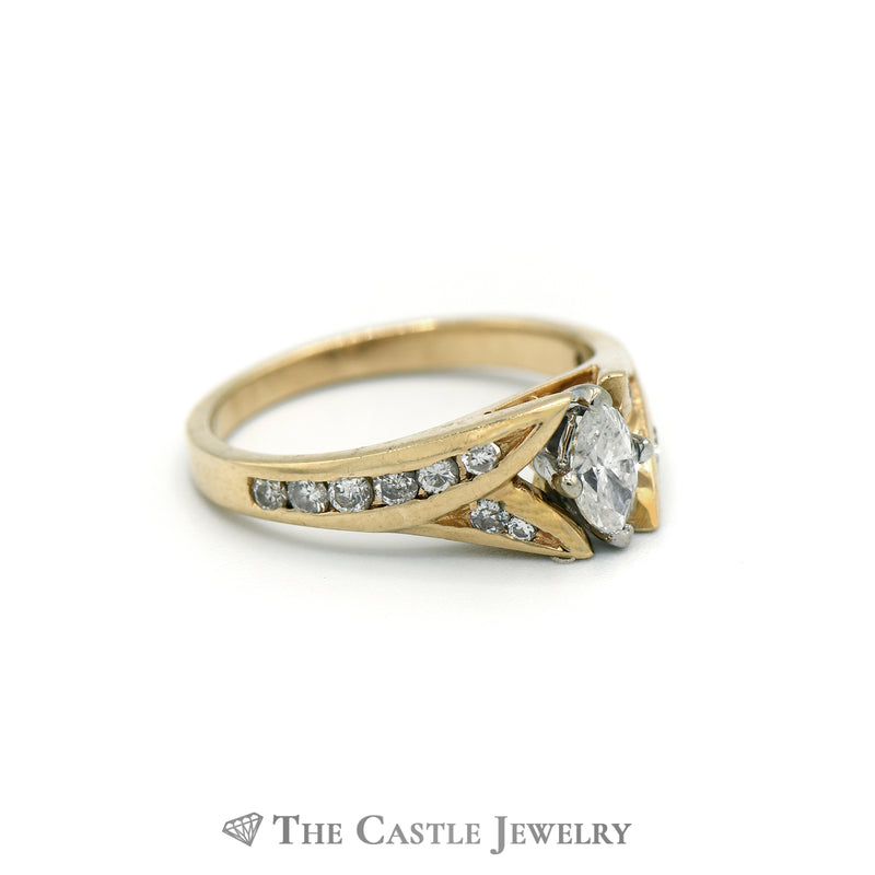 Oval Diamond Ring with Split Diamond Accent Sides in 14K Yellow Gold