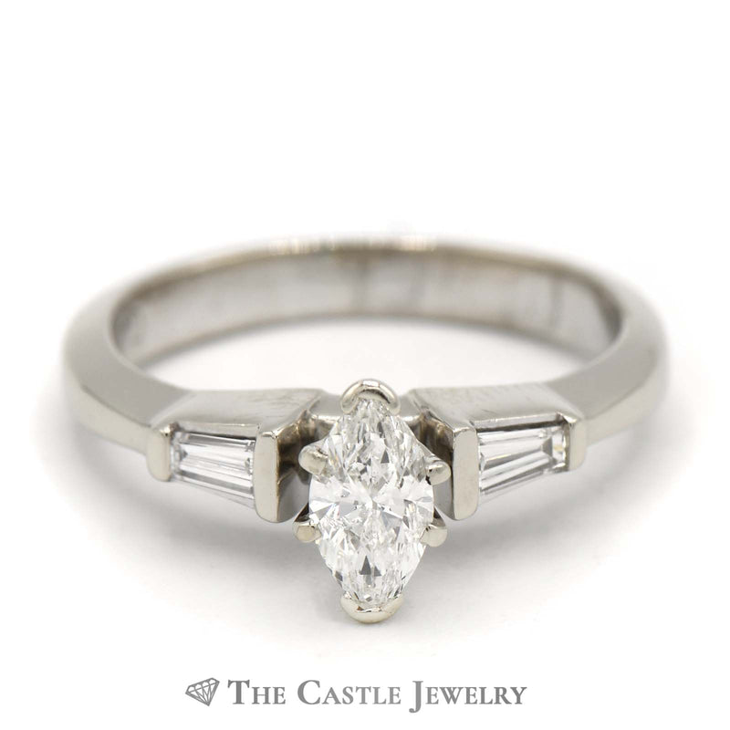 Beautiful Marquise Diamond Engagement Ring 1/2cttw Tapered Baguette Diamond Sides in 14k White Gold