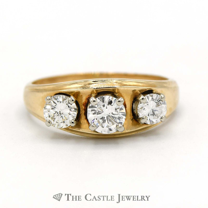 Concave Style 1cttw Three Diamond Ring with Ridged Edges Crafted 14K Yellow Gold