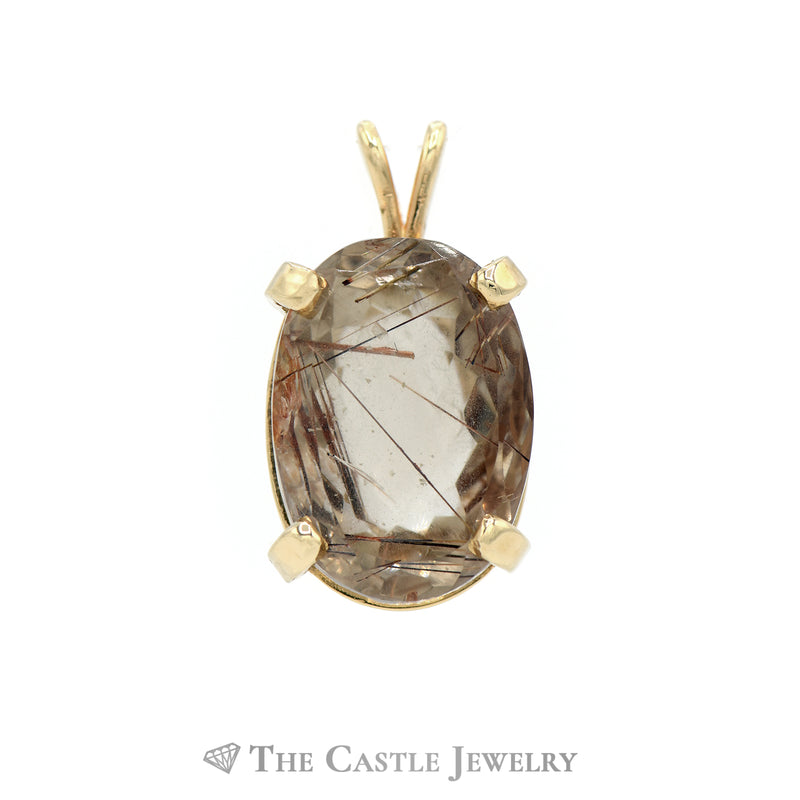 Large Oval Rutilated Quarts Gemstone Pendant in 14KT Yellow Gold