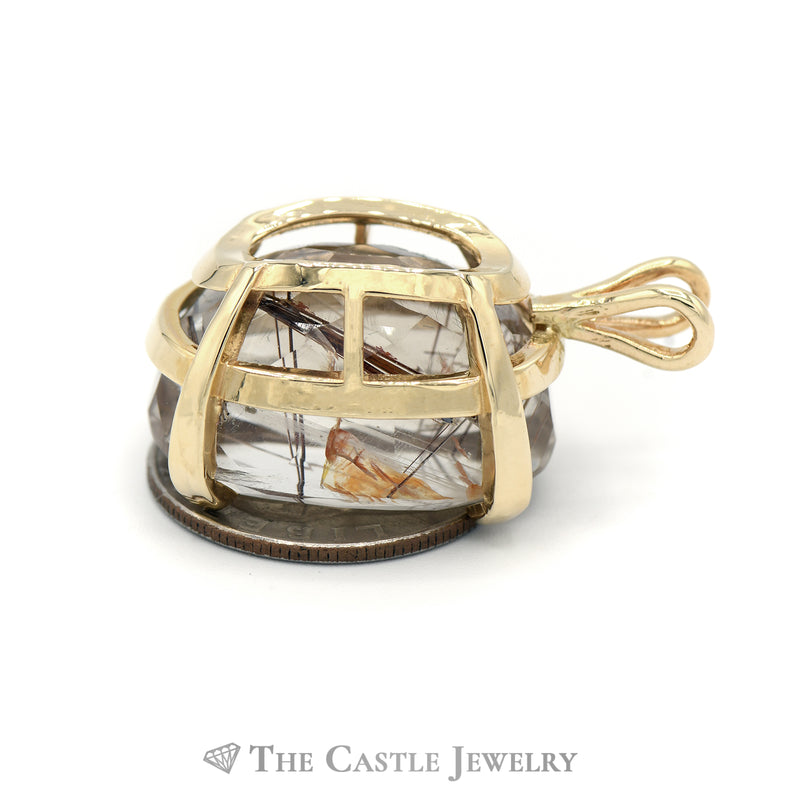 Large Oval Rutilated Quarts Gemstone Pendant in 14KT Yellow Gold