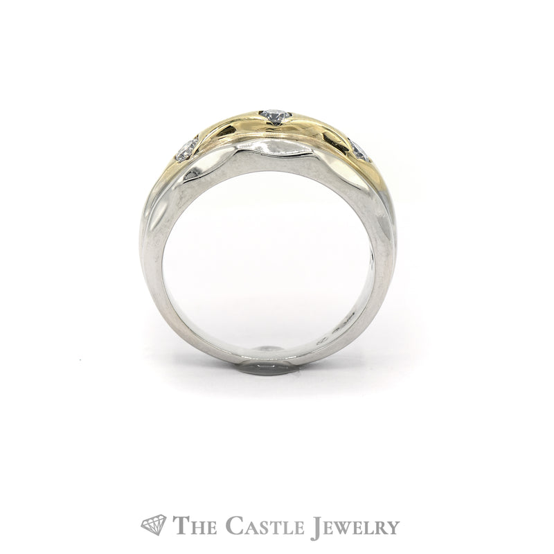 Two Toned Diamond Ring with Waved Designed Mounting in 14KT White and Yellow Gold