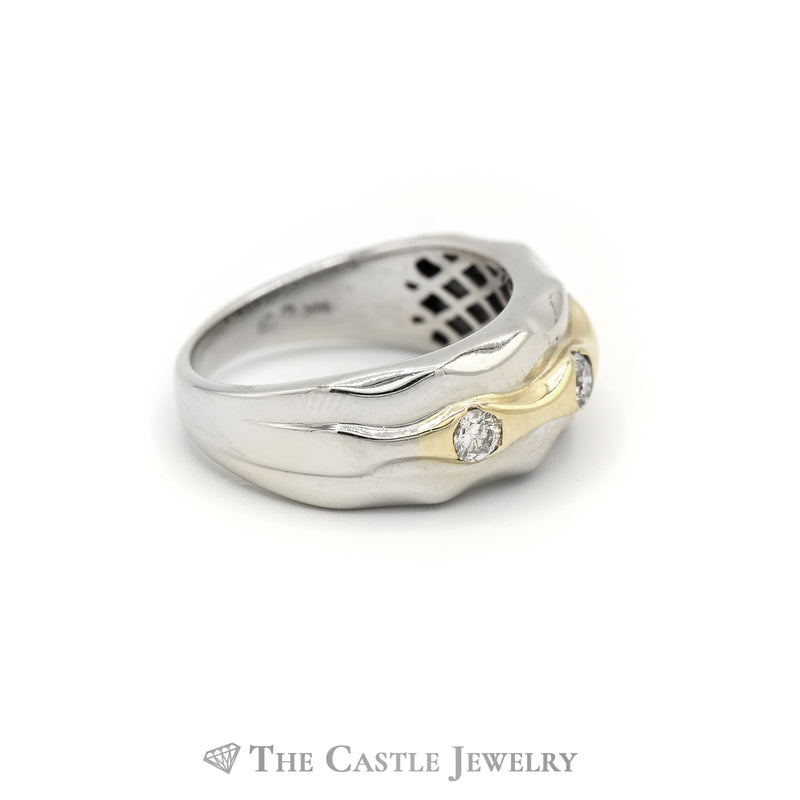 Two Toned Diamond Ring with Waved Designed Mounting in 14KT White and Yellow Gold