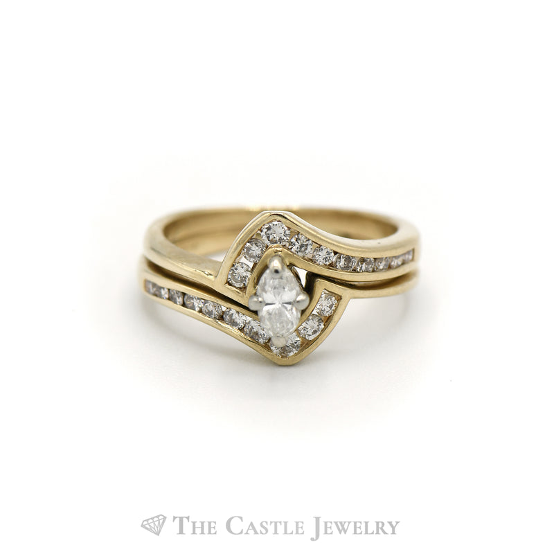Marquise Cut Diamond Bridal Set with Diamond Accents in 14k Yellow Gold