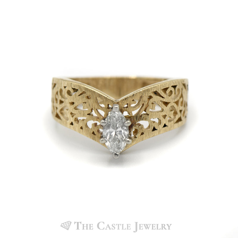 Marquise Cut Diamond Solitaire "V" Shaped Filigree Designed Engagement Ring