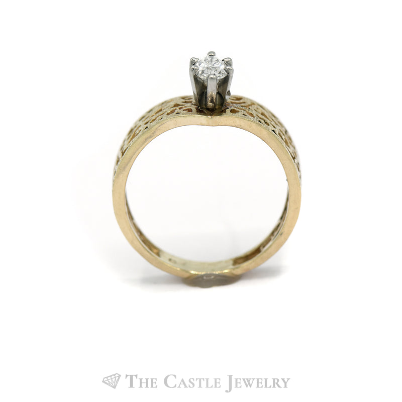 Marquise Cut Diamond Solitaire "V" Shaped Filigree Designed Engagement Ring