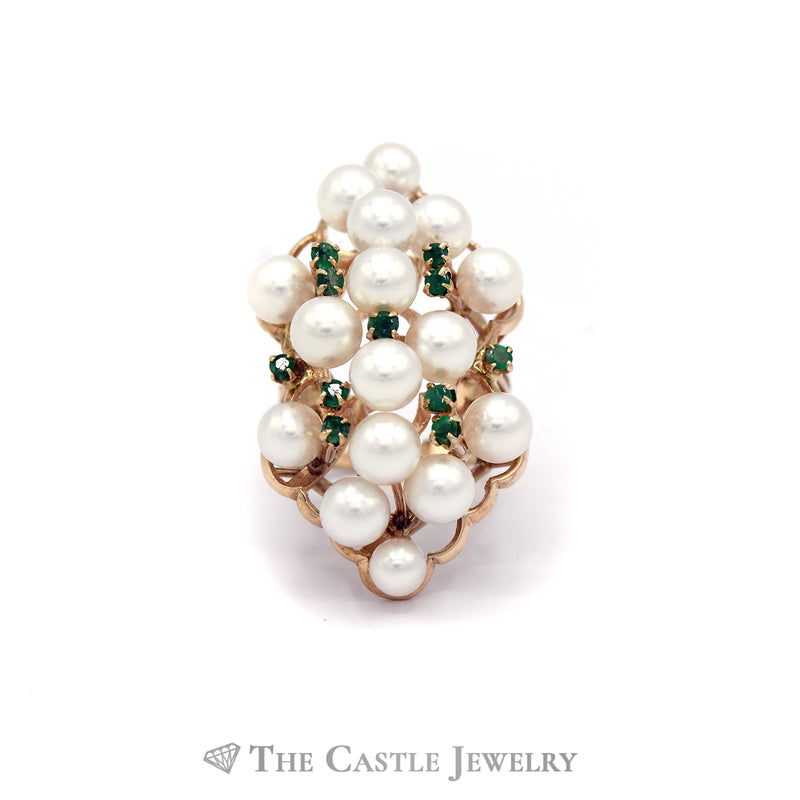 Fancy Pearl Cluster Ring with Emerald Accents in 14KT Yellow Gold