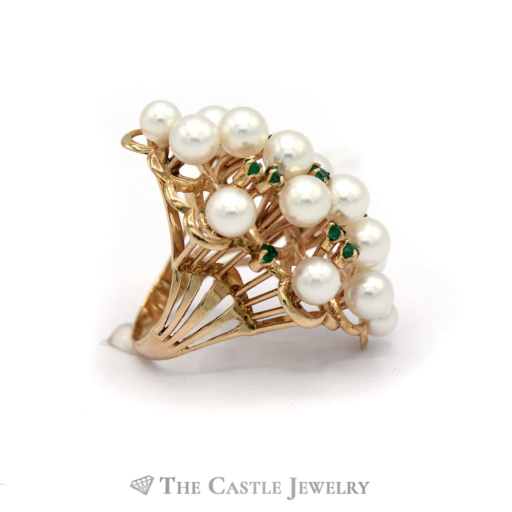 Fancy Pearl Cluster Ring with Emerald Accents in 14KT Yellow Gold