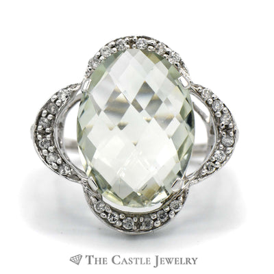 Oval Fantasy Cut Green Quartz Ring with Curved Flower Design Diamond Bezel in 14k White Gold
