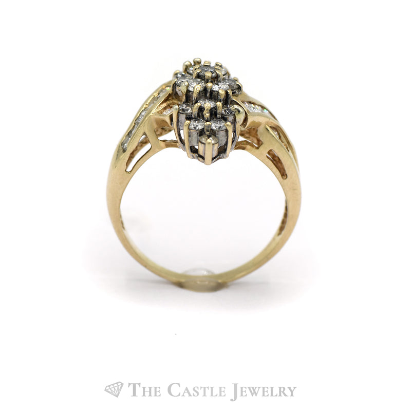 1CTTW Marquise Shaped Round and Princess Cut Diamond Ring in 14KT Yellow Gold
