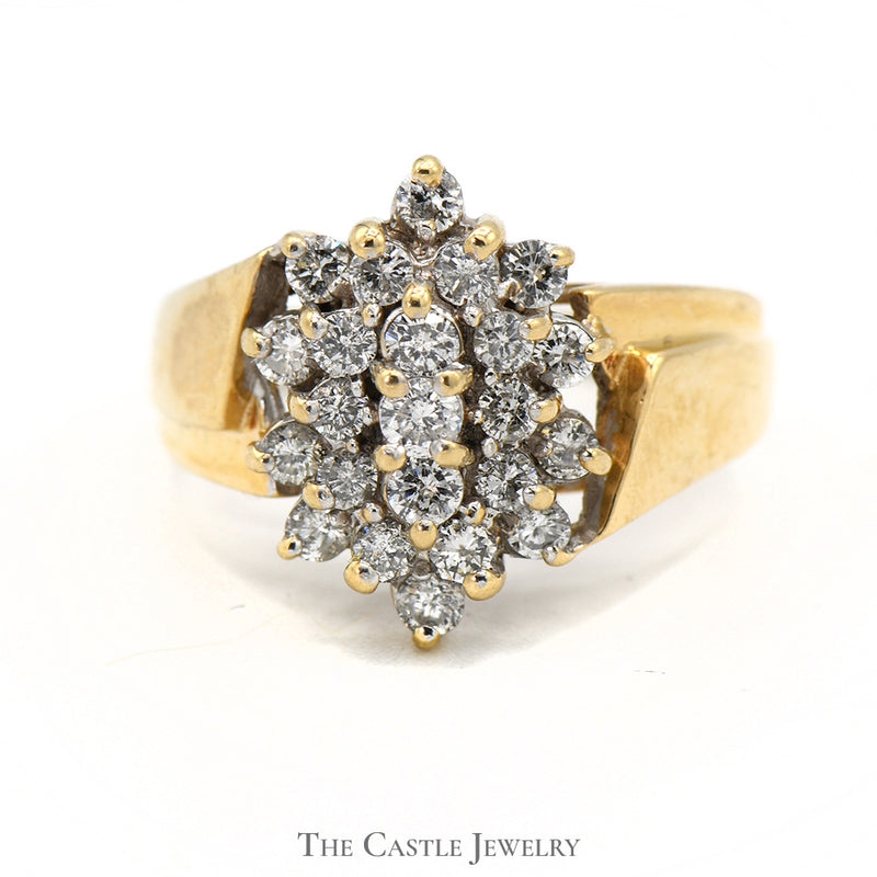 Oval Shaped 1cttw Diamond Cluster Ring with Open Ridged 14k Yellow Gold Setting