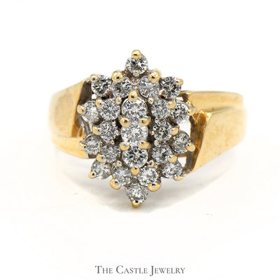 Oval Shaped 1cttw Diamond Cluster Ring with Open Ridged 14k Yellow Gold Setting
