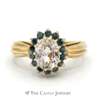 Oval Kunzite Ring with Blue Diamond Halo in 14K Yellow Gold
