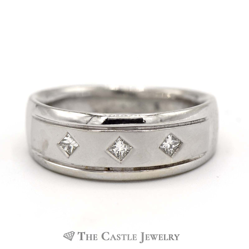Men's Brushed & Polished 3 Princess Cut Diamond Wedding Band in 14K White Gold