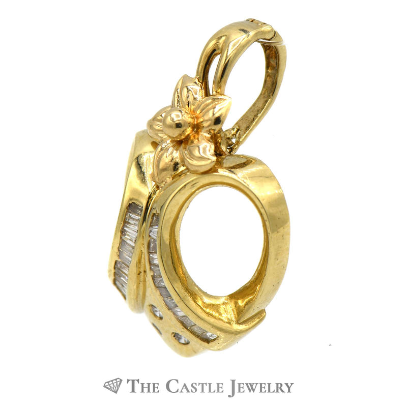Open Heart Pendant with Flower Design Bail & Diamonds in 14K