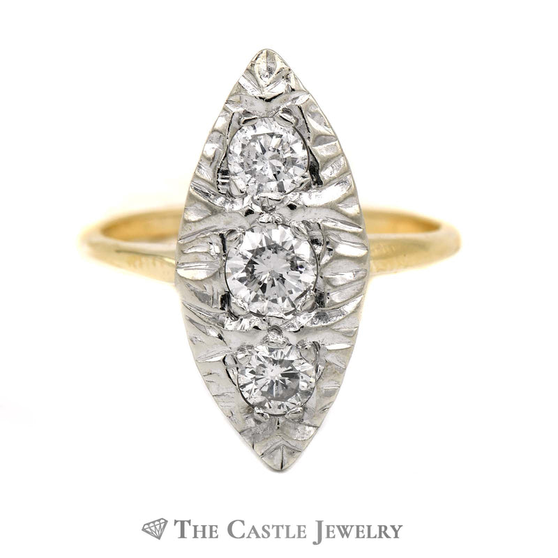 Large Marquise Shaped 1cttw 3 Round Diamond Ring in 14k Yellow Gold