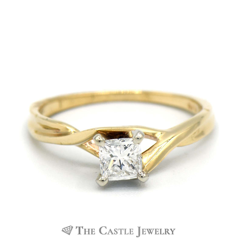 Princess Cut Diamond Solitaire Engagement Ring with Cross Over Design in 14k Yellow Gold
