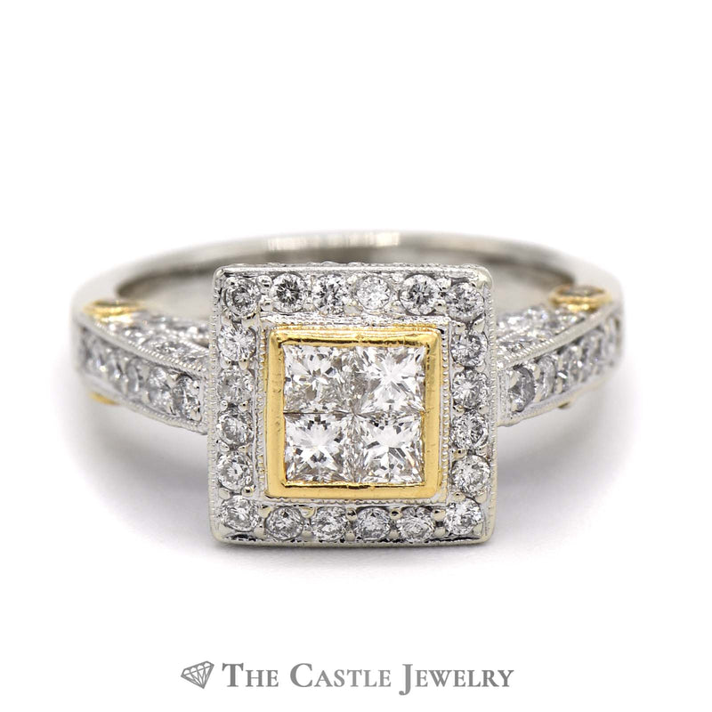 Quad Diamond Cluster Engagement Ring with Halo & Accents in 18k Two-Tone Gold