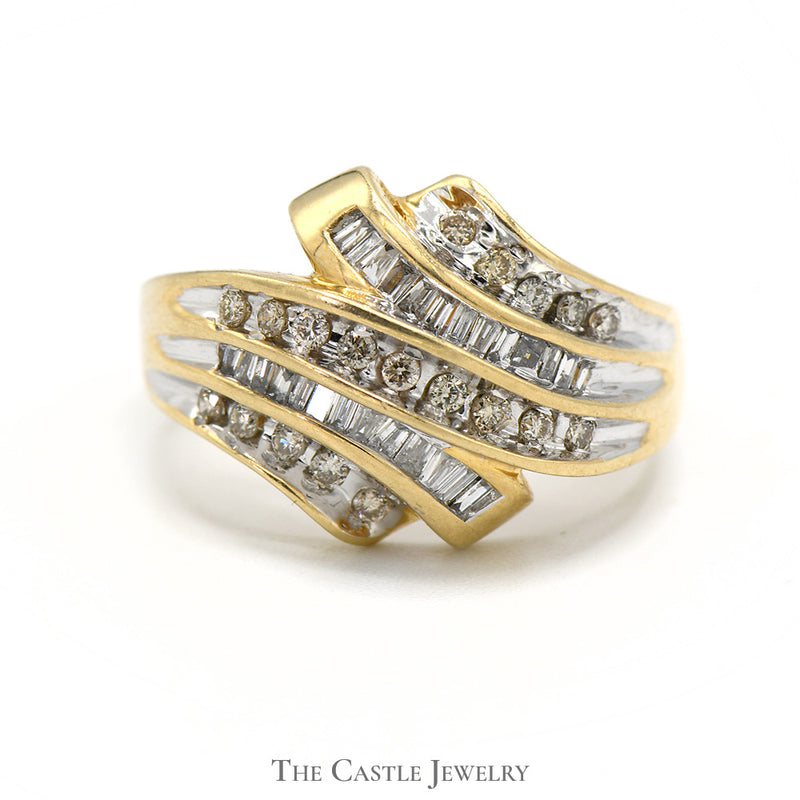 Channel Set Baguette and Round Diamond Cluster Ring in 10k Yellow Gold Swirled Setting