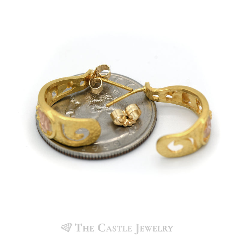 Tri Tone Gold Open Leaf Design Half Hoop Earrings in 10k Yellow, White and Rose Gold