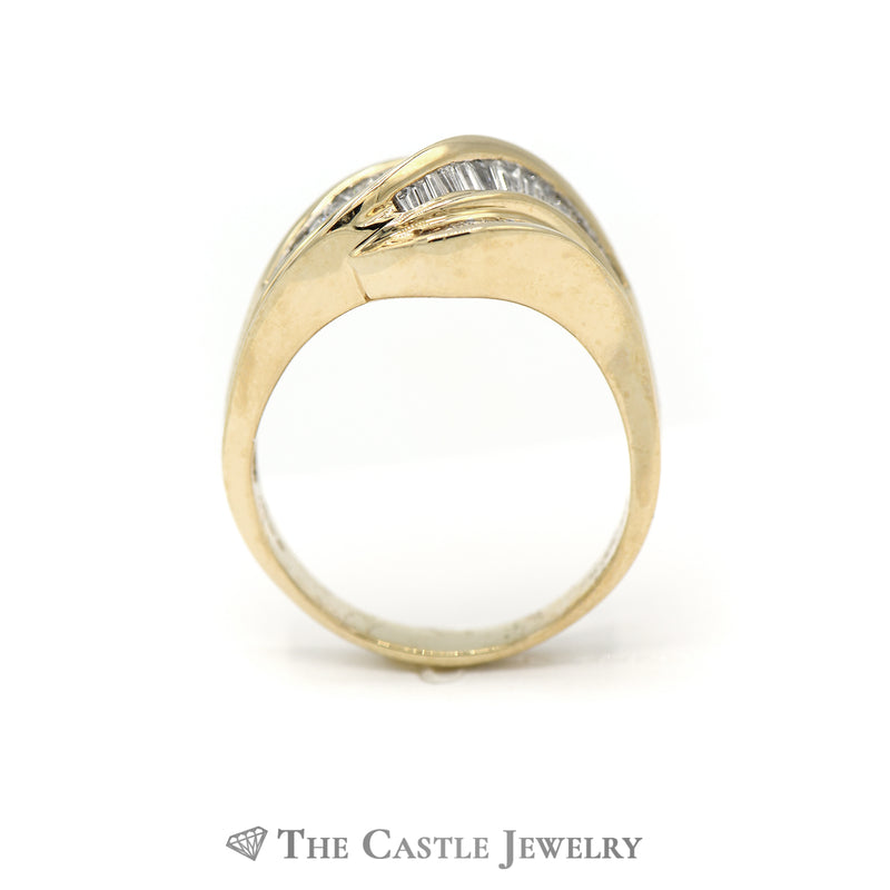 Channel Set Baguette Cut Diamond Free Form Wave Band in 14k Yellow Gold