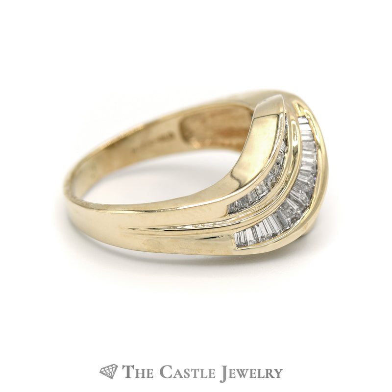 Channel Set Baguette Cut Diamond Free Form Wave Band in 14k Yellow Gold