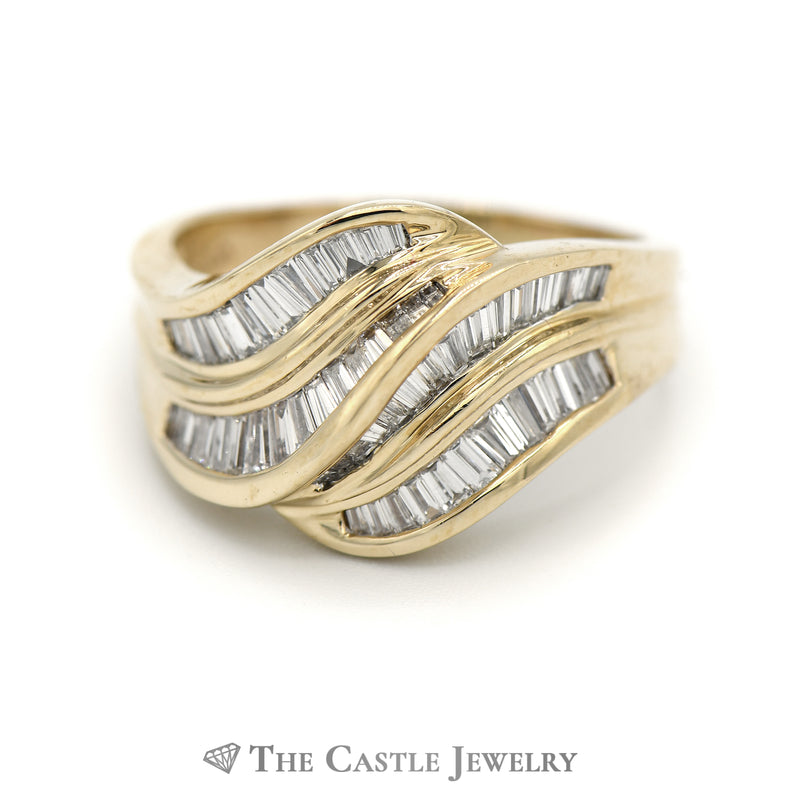 Channel Set Baguette Cut Diamond Free Form Wave Band in 14k Yellow Gold