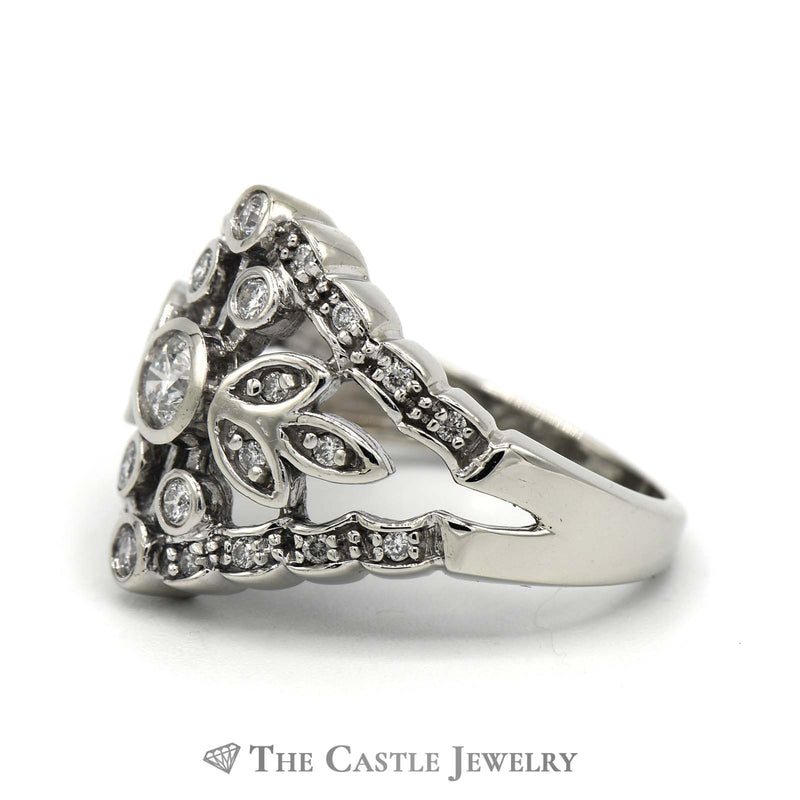 Open Leaf Design Diamond Cluster with Diamond Bezel in 14K White Gold