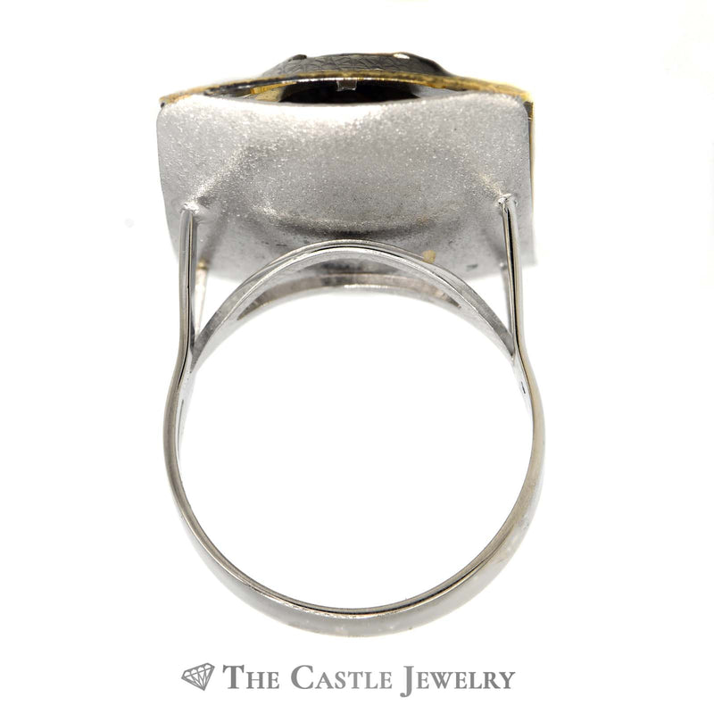 Oval Quartz Ring in Large Etched Open Raised Rectangle Design in 14K Two Tone Gold