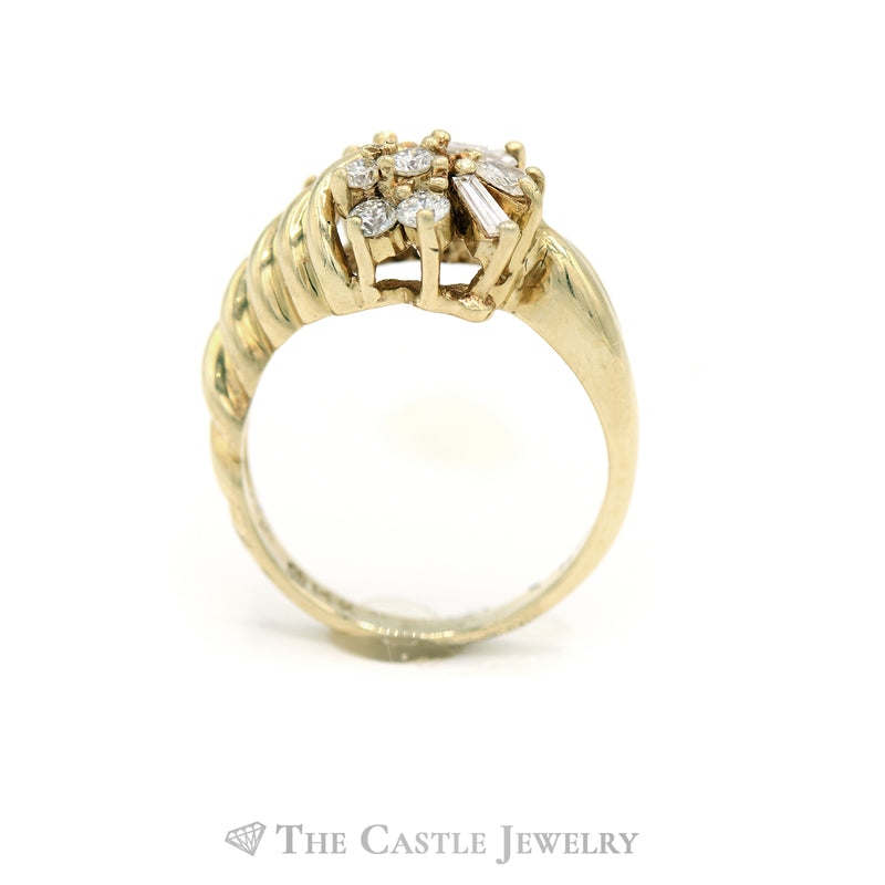 1/2cttw Round and Baguette Diamond Cluster Ring in 14k Yellow Gold Ribbed Mounting