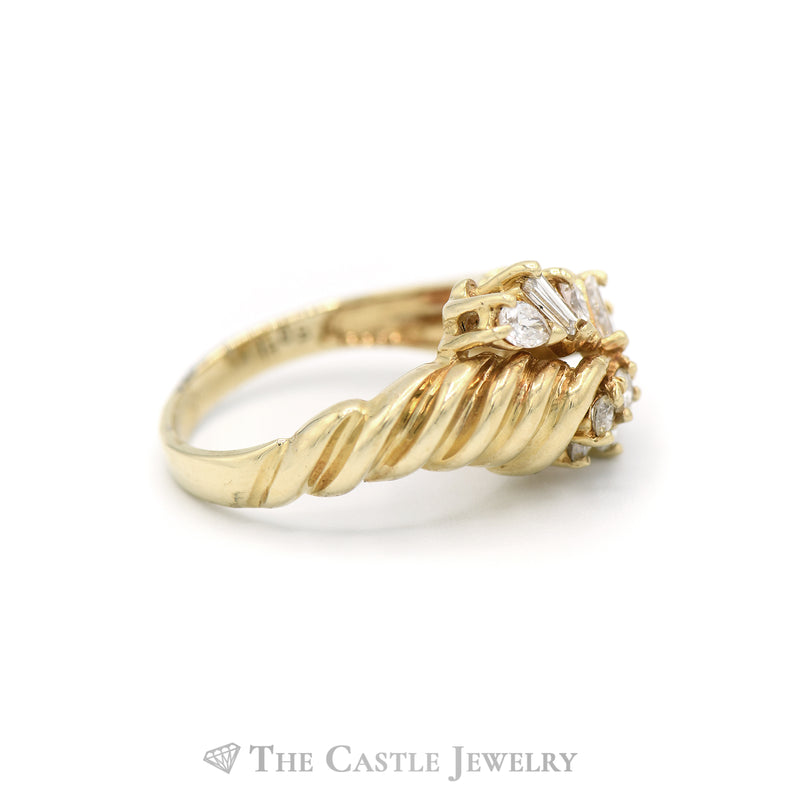 1/2cttw Round and Baguette Diamond Cluster Ring in 14k Yellow Gold Ribbed Mounting