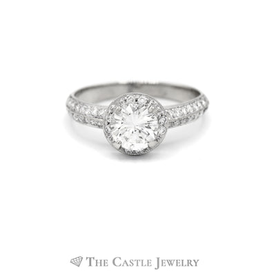 1.09CTTW Round Diamond Engagement Ring with Diamond Halo & Accents in 18KT White Gold