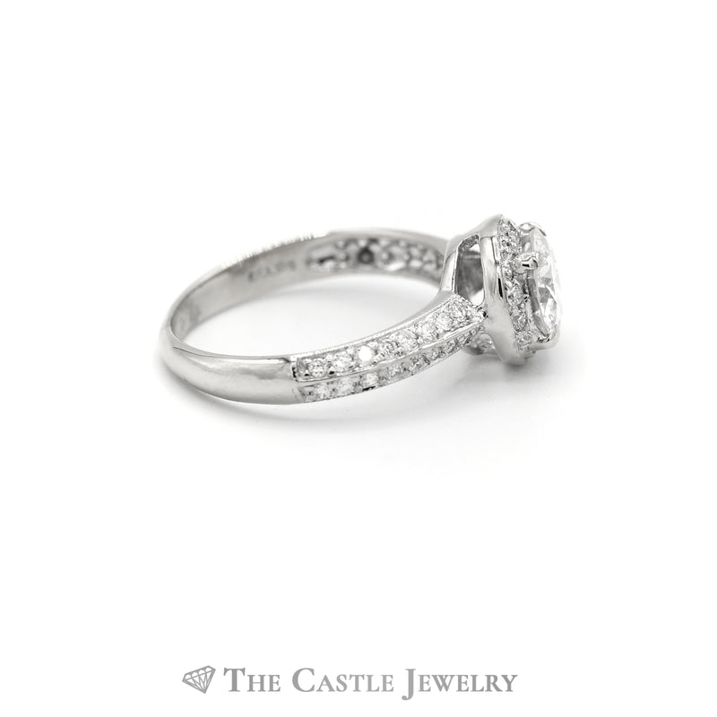 1.09CTTW Round Diamond Engagement Ring with Diamond Halo & Accents in 18KT White Gold