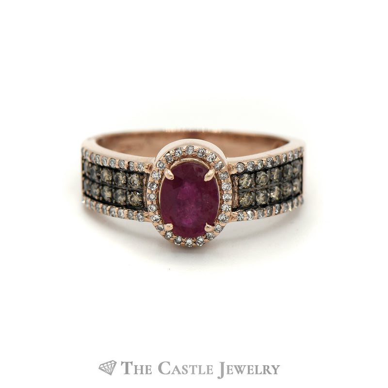 Effy Oval Ruby Ring with Brown & White Diamond Accents in 14k Rose Gold