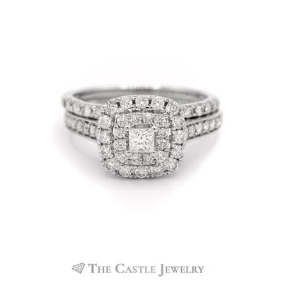 Crown Collection 1cttw Princess Cut Diamond Bridal Set with Double Diamond Halo and Accents in 14k White Gold