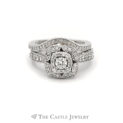 Crown Collection 1cttw Diamond Bridal Set with Diamond Halo and Matching Curved Band in 14k White Gold