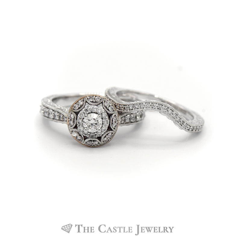 Crown Collection 1cttw Vintage Inspired Diamond Bridal Set with Diamond Halo and Matching Band in 14k White Gold