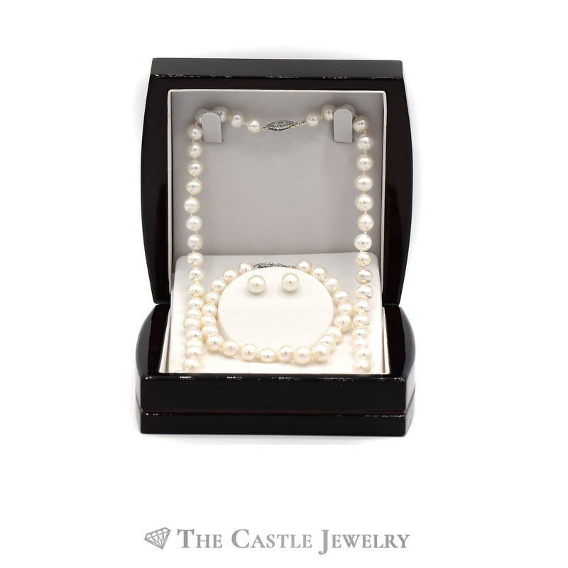 Sterling Silver Pearl Necklace, Bracelet and Earring Set