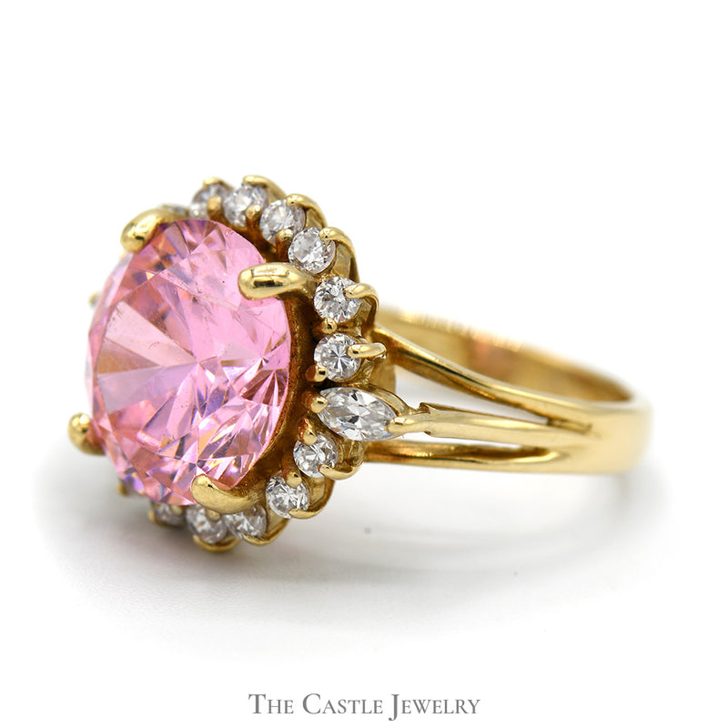 Round Pink Ice Ring with Cubic Zirconia Halo in 14k Yellow Gold