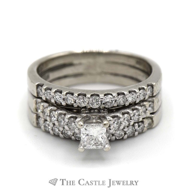1cttw Triple Ring Bridal Set with Princess Cut Diamond Solitiare and Round Diamond Accents in 14k White Gold