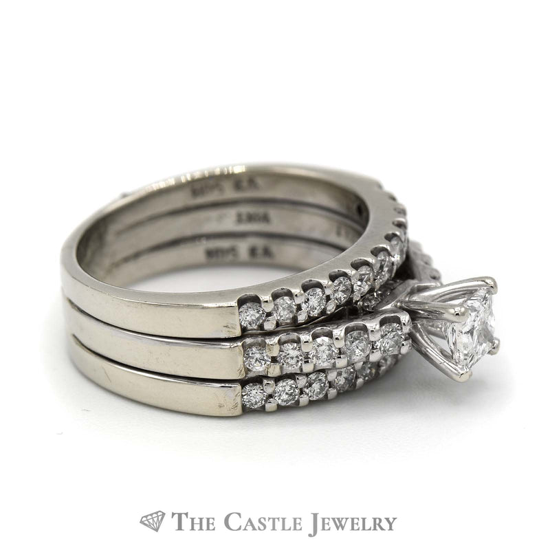 1cttw Triple Ring Bridal Set with Princess Cut Diamond Solitiare and Round Diamond Accents in 14k White Gold