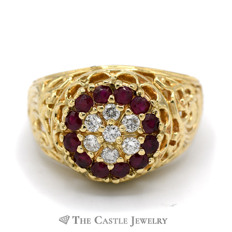Ruby and Diamond Kentucky Cluster Ring in 14k Yellow Gold