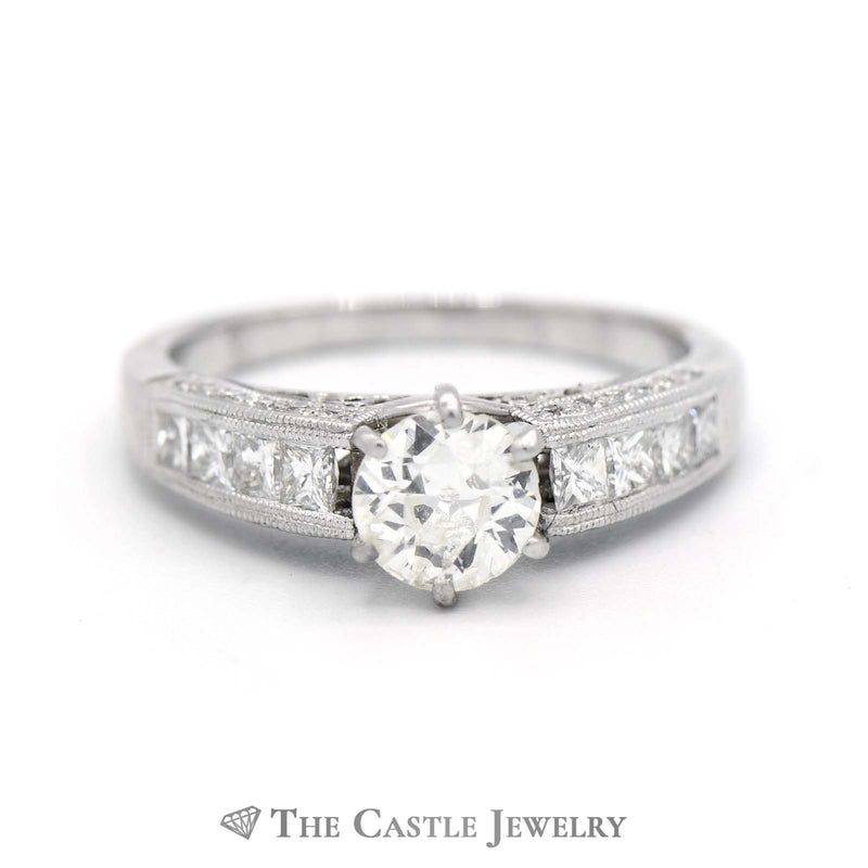 1.75cttw Old European Cut Diamond Engagement Ring with Princess Cut Diamond Accents in 18k White Gold