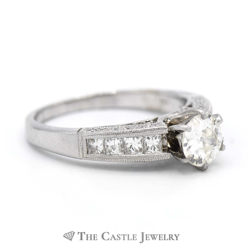 1.75cttw Old European Cut Diamond Engagement Ring with Princess Cut Diamond Accents in 18k White Gold