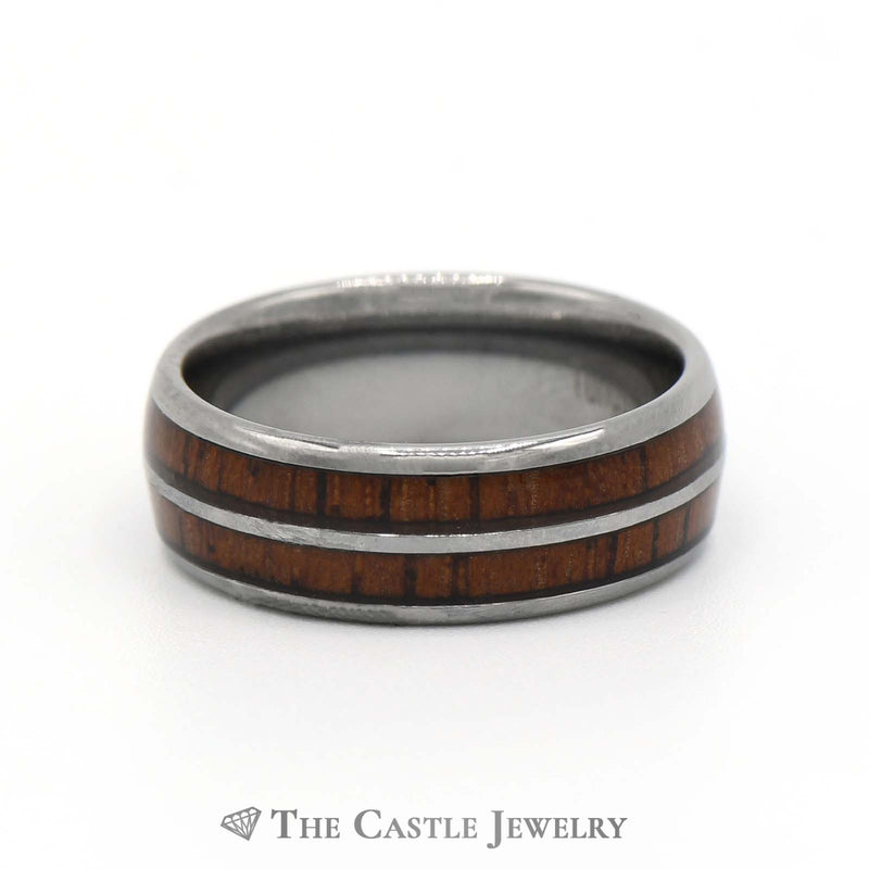 8mm Tungsten Wedding Band with Double Row of Bourbon Barrell Wood Design
