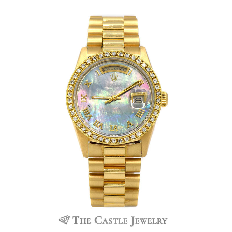 Rolex Presidential Day-Date 18238 with Black Mother of Pearl Dial & Diamond Bezel in 18k Yellow Gold