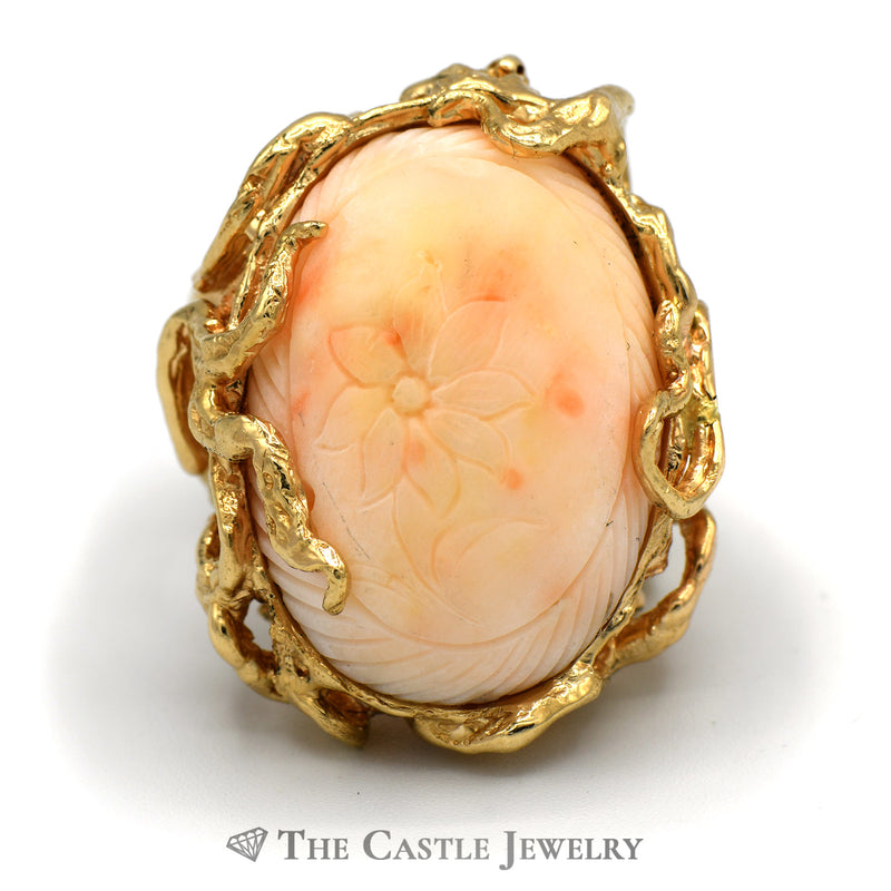 Large Flower Engraved Coral Ring with Vine Designed Mounting in 14k Yellow Gold