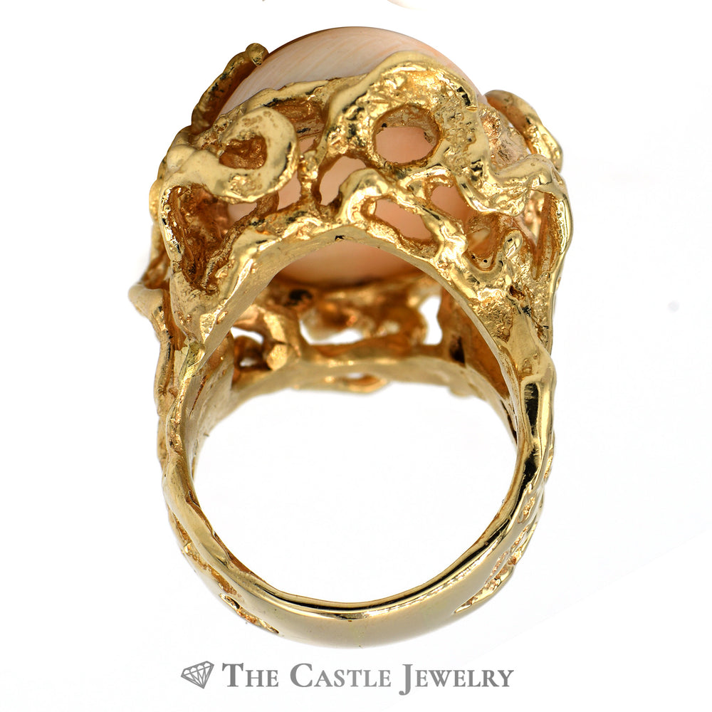 Large Flower Engraved Coral Ring with Vine Designed Mounting in 14k Yellow Gold