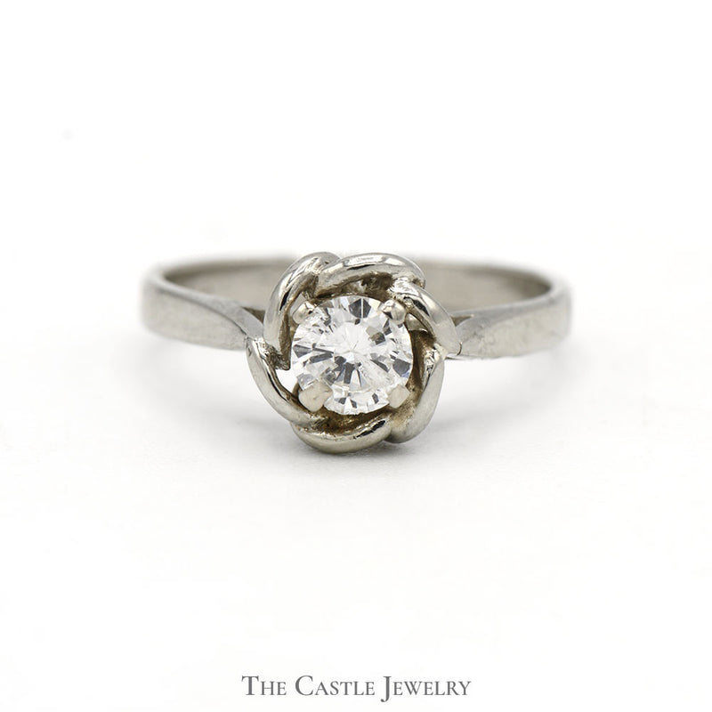 1/3ct Round Diamond Solitaire Engagement Ring with Flower Designed Bezel in 14k White Gold